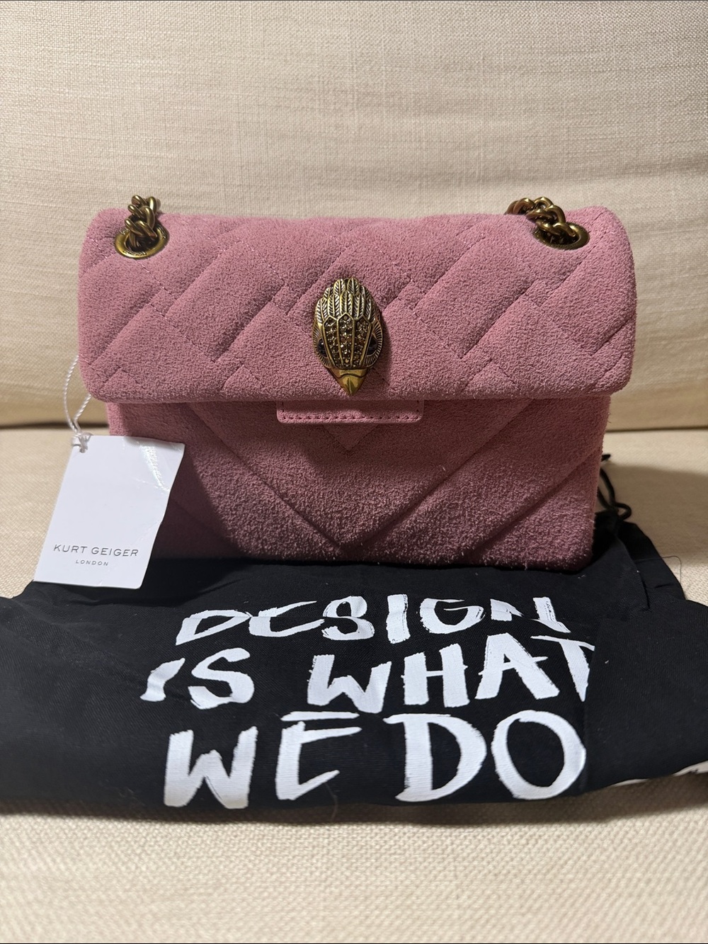 Kurt Geiger Dusty Pink Quilted Suede Shoulder Bag with Gold Hardware